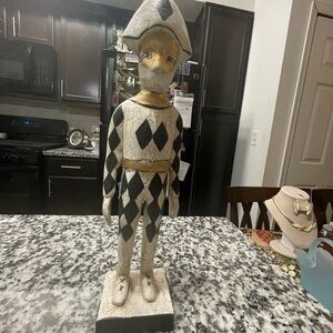Vintage Hand Carved Wooden Harlequin Jester Figurine - Black and White 14inch
